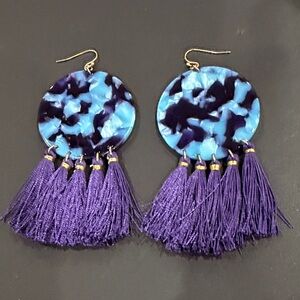 Blue and Purple Resin Disc Tassel Earrings - Women Jewelry